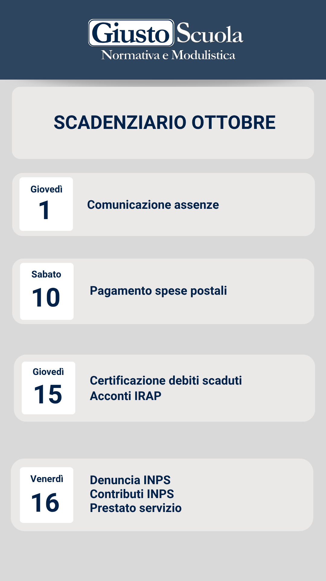 SCADENZIARIO OTTOBRE 2026